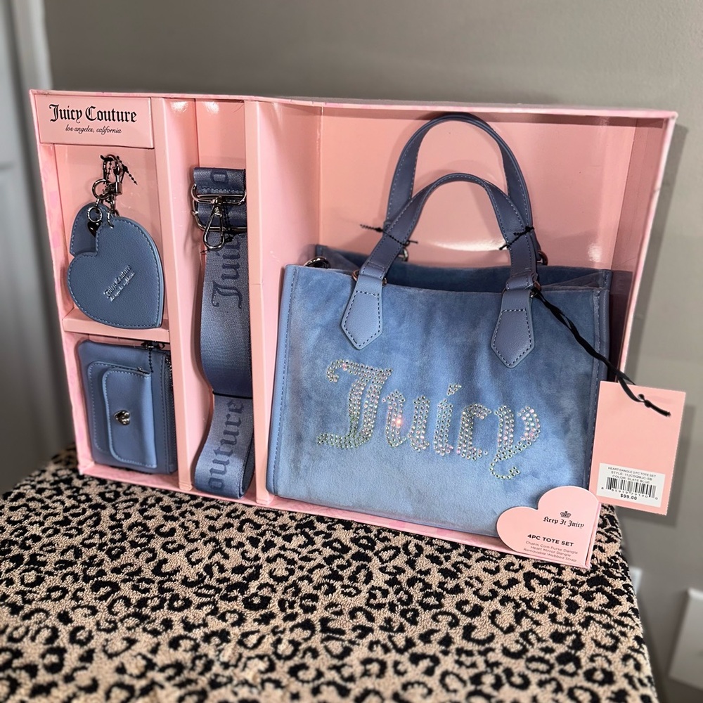 Juicy Couture Light Blue Rhinestone Logo Tote Set